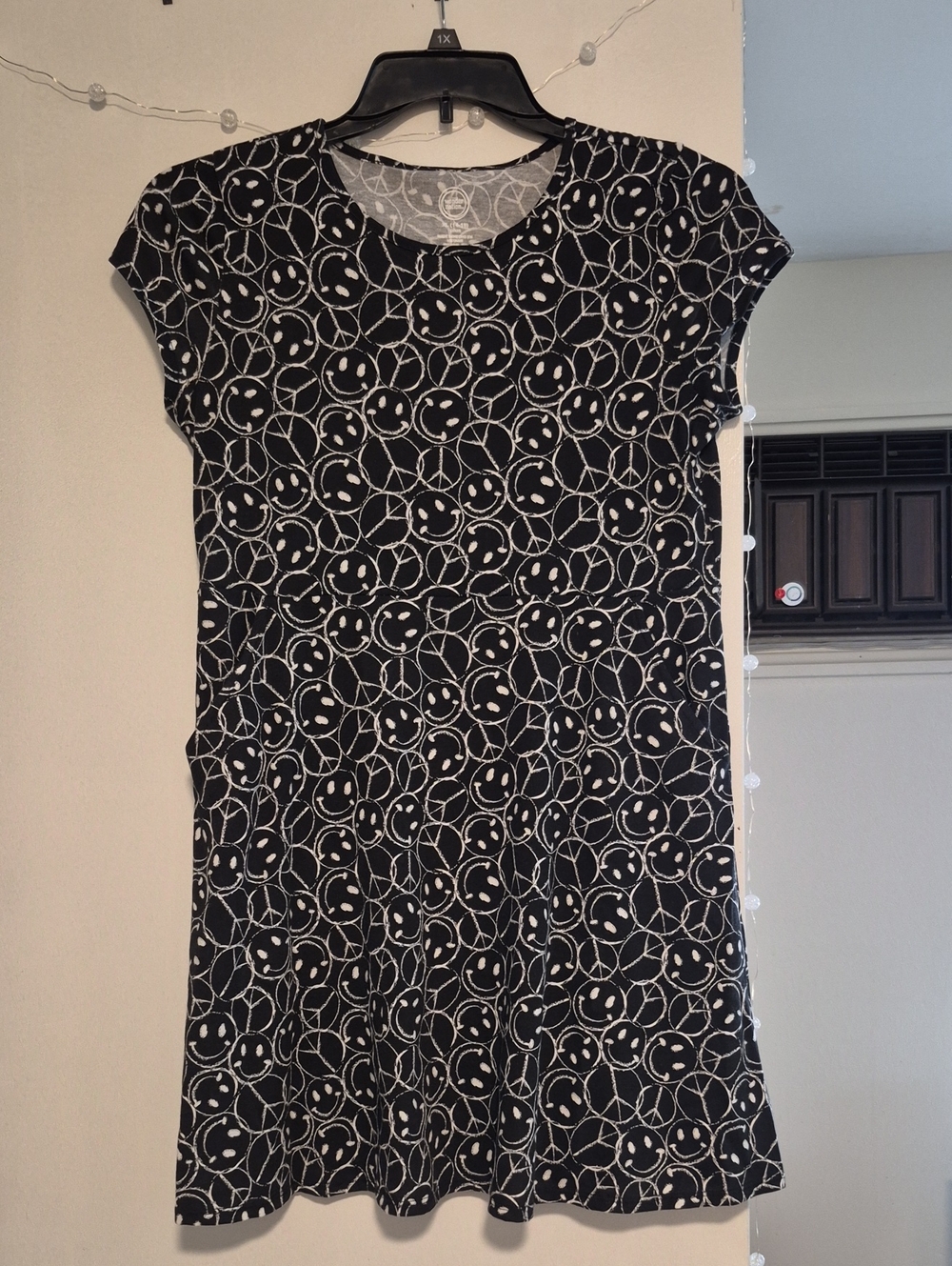 Black Short Sleeve Dress with White Smiley & Peace Print (& POCKETS!)
